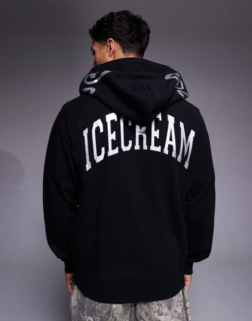 ICECREAM - Hoodie met rits en logoprint op de capuchon in zwart, 3 van 5