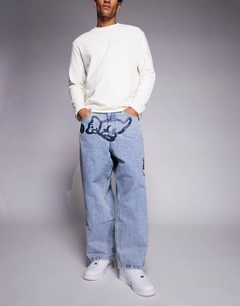 ICECREAM running dog triple scoop patch baggy jeans in light wash blue 