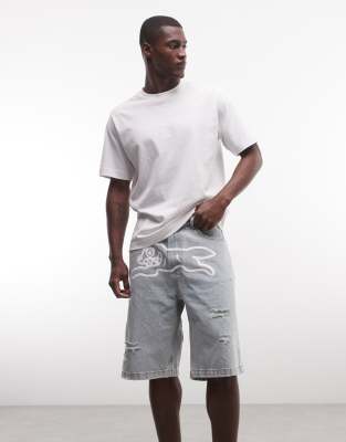 Jeansshorts in stark verwaschenem Blau mit „Running Dog"-Print und Used-Details Blau W32