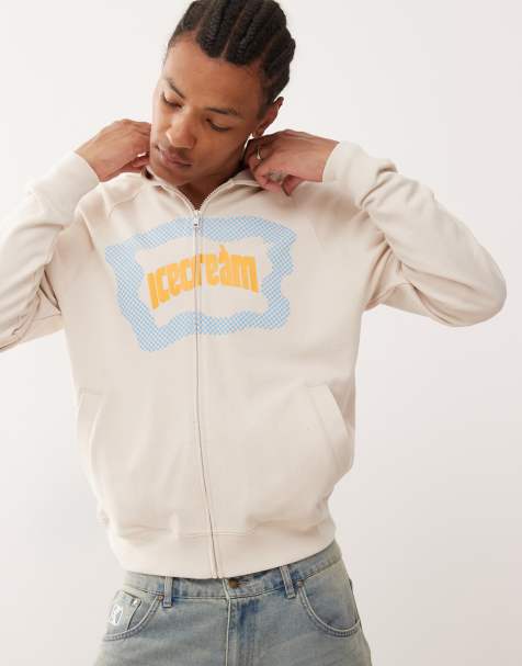 ICECREAM – Kapuzenjacke in Wollweiß mit durchgehendem Reißverschluss und kastigem Logo - view 1