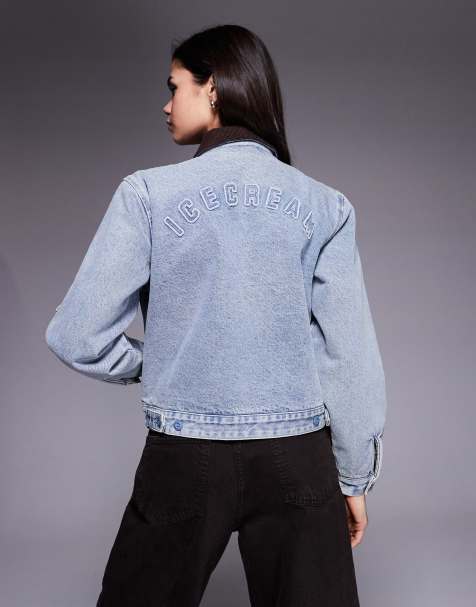 ICECREAM logo cropped workwear jacket in light wash blue