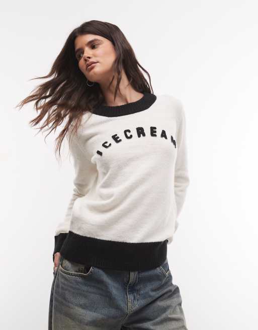 ICECREAM maglione girocollo in maglia con logo in crema/nero, 3 di 4