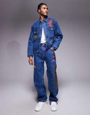 ICECREAM ICECREAM mascot co-ord denim straight leg jeans in midwash blue with multi badging
