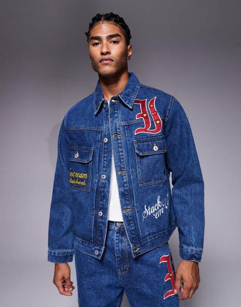 ICECREAM mascot denim co-ord trucker jacket in midwash blue with multi badging applique - view 1