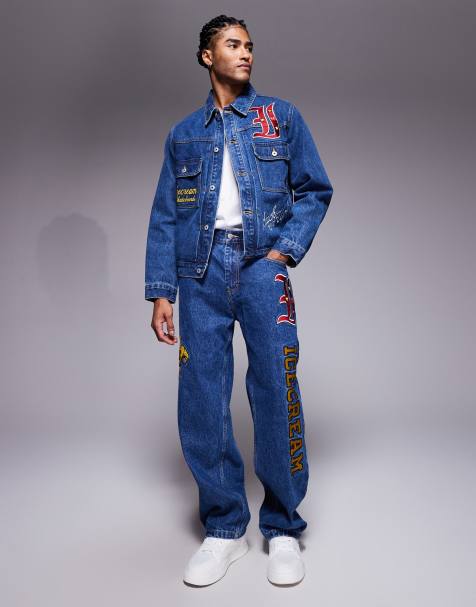 ICECREAM mascot co-ord denim straight leg jeans in midwash blue with multi badging