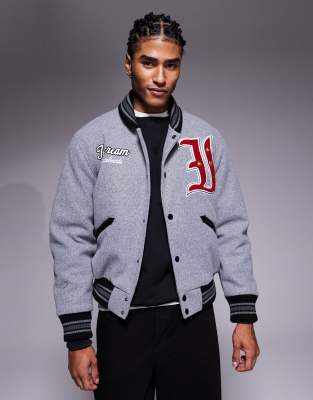 ICECREAM ICECREAM mascot varsity bomber jacket in grey with multi badging applique
