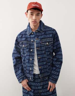 monogram denim trucker jacket in mid wash blue - part of a set
