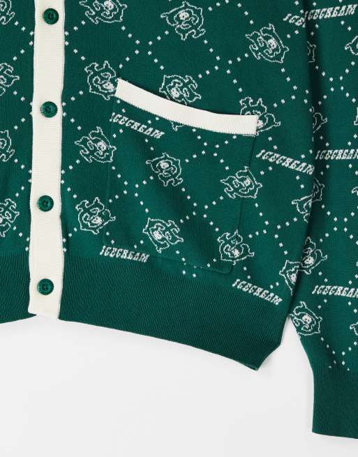 ICECREAM monogram knit cardigan in green and white | ASOS