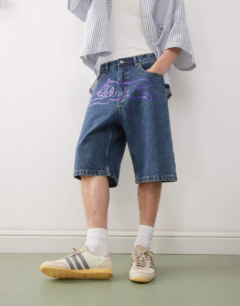ICECREAM – Mörkblå, tvättade, baggy jeansshorts med springande hund-tryck - view 1