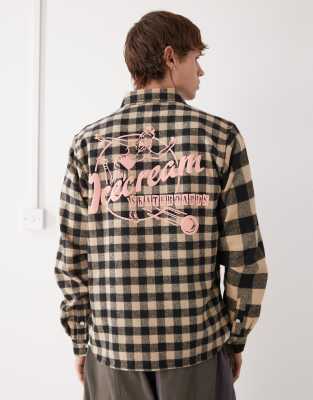 ICECREAM ICECREAM multi check long sleeve shirt in beige and black with back print