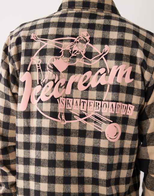 ICECREAM multi check long sleeve shirt in beige and black with back print, 5 of 5