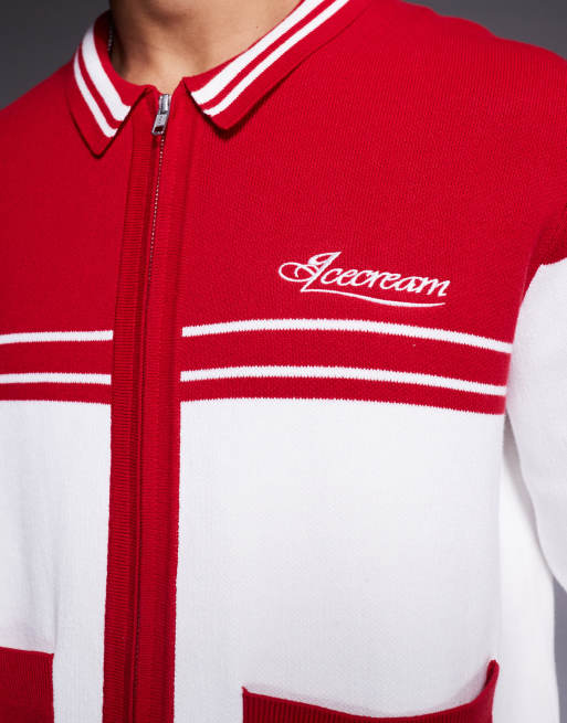 ICECREAM - Parlor - Cardigan in maglia con zip e pannelli a contrasto bianco sporco e rosso, 5 di 5
