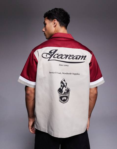 ICECREAM parlor work shirt with contrast panels in beige and red - view 1
