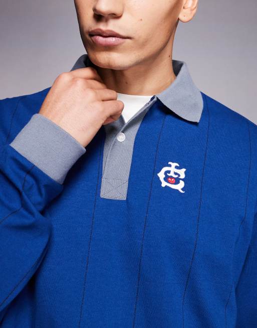 ICECREAM - Polo a maniche lunghe blu navy con colletto a contrasto e motivo gessato, 5 di 5