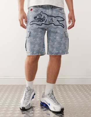 Icecream Repeat Running Dog Print Denim Shorts In Blue