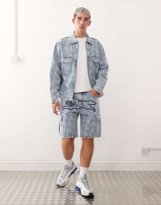Icecream Repeat Running Dog Print Denim Shorts In Blue