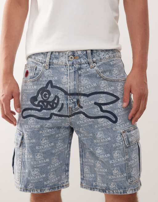 ICECREAM repeat running dog print denim shorts in light-wash blue