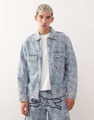 Icecream Repeat Running Dog Print Denim Trucker Jacket In Blue
