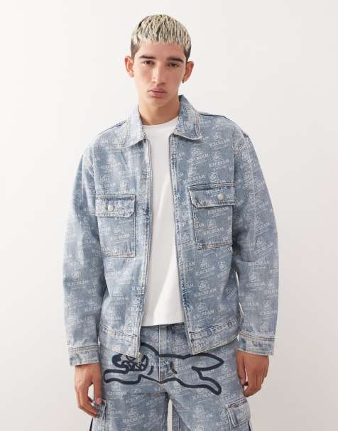 ICECREAM repeat running dog print denim trucker jacket in light-wash blue - part of a set - view 1