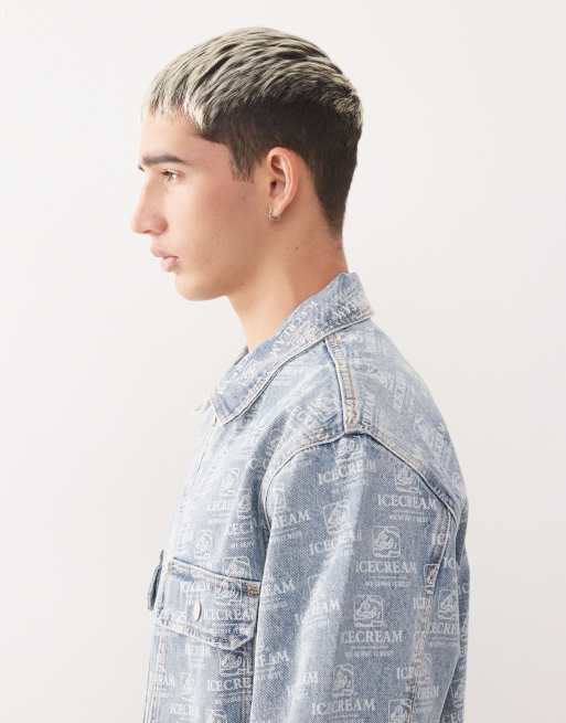 ICECREAM repeat running dog print denim trucker jacket in light-wash blue - part of a set, 4 of 5