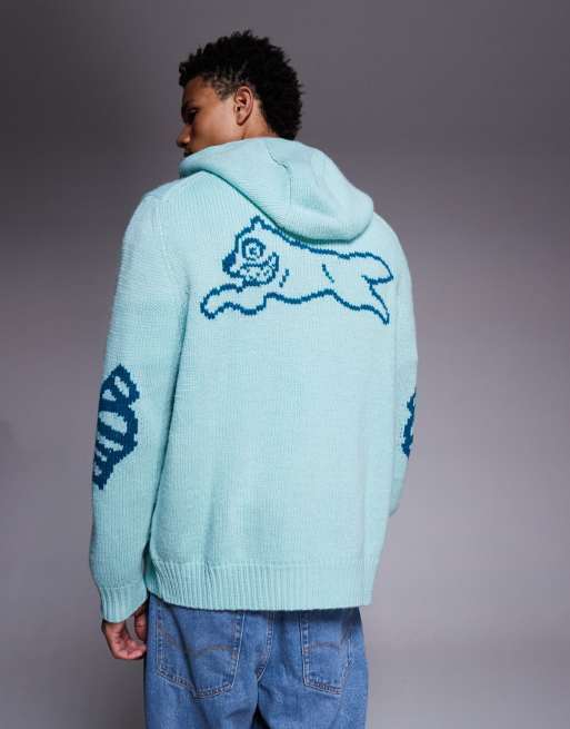 ICECREAM running dog back print knitted zip through hoodie in light blue, 3 of 5