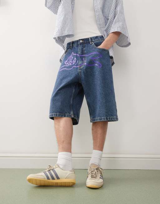ICECREAM running dog baggy denim shorts in dark wash blue