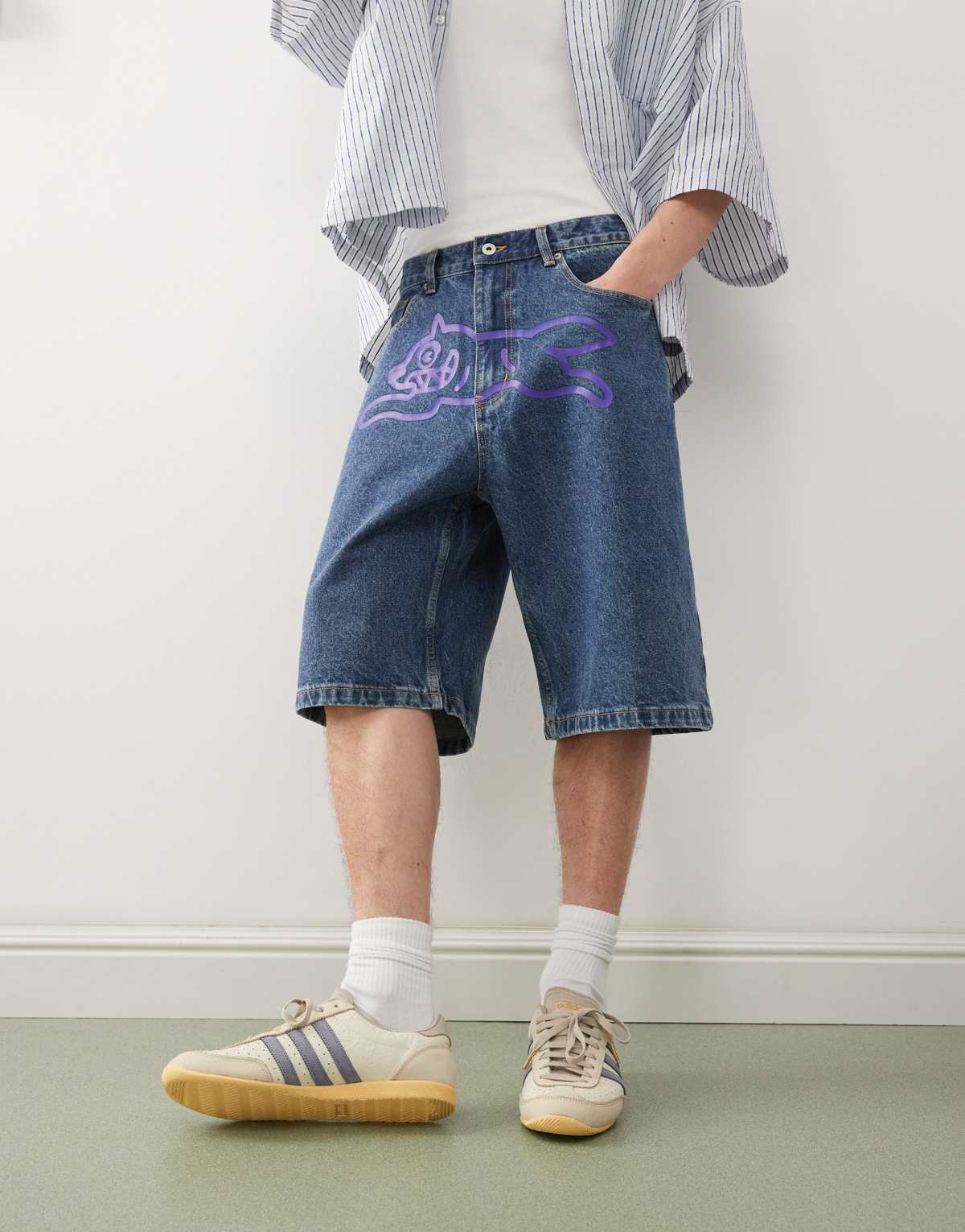 ICECREAM running dog baggy denim shorts in dark wash blue