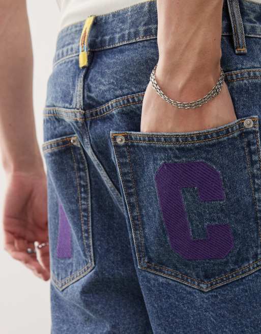 ICECREAM running dog baggy denim shorts in dark wash blue