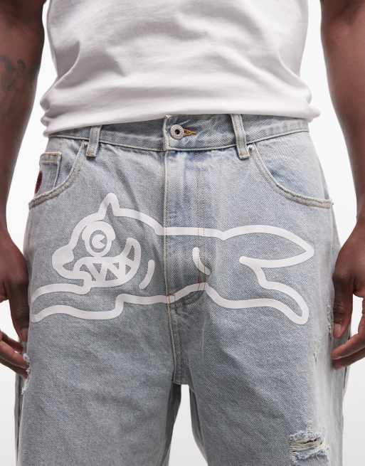 ICECREAM running dog denim distressed shorts in heavy wash blue, 5 of 5