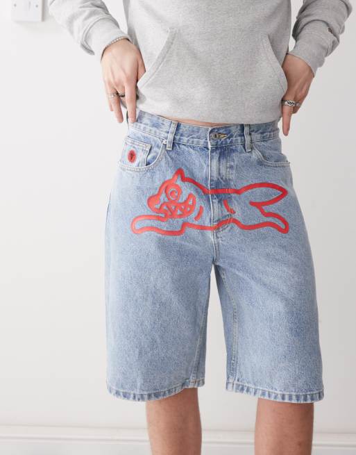 ICECREAM running dog denim shorts in light wash blue