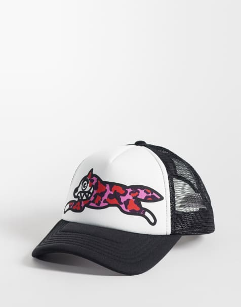 ICECREAM running dog logo icon contrast peak trucker cap in black/white - view 1
