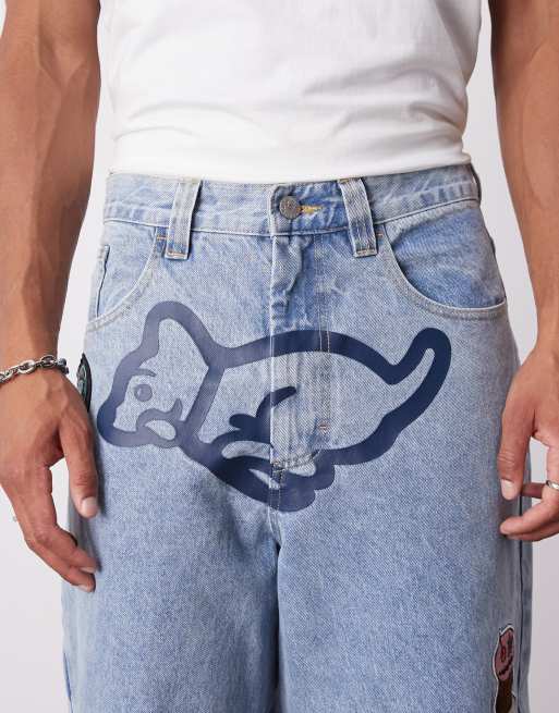 ICECREAM running dog triple scoop patch baggy jeans in light wash blue 