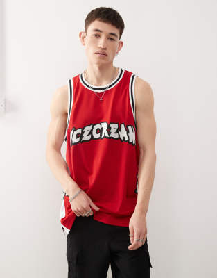 ICECREAM ICECREAM running puppy applique basketball jersey vest in red