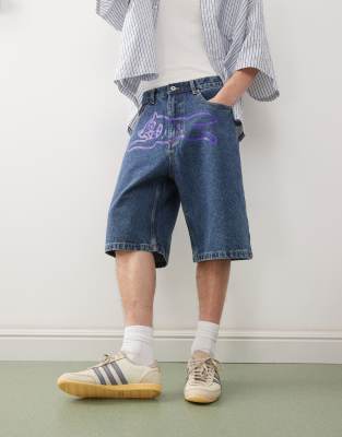 ICECREAM - Short en jean à imprimé chien courant - Bleu foncé délavé