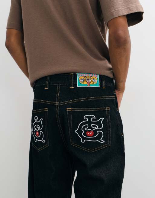 ICECREAM straight leg double scoop embroidery detail denim jeans in black, 4 of 5