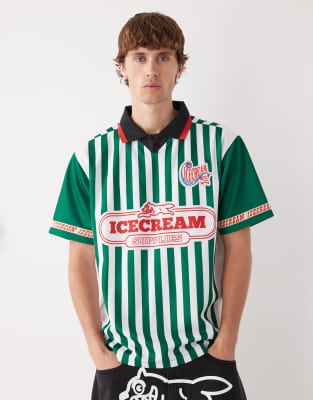 ICECREAM ICECREAM striped football jersey shirt in green and white-Multi