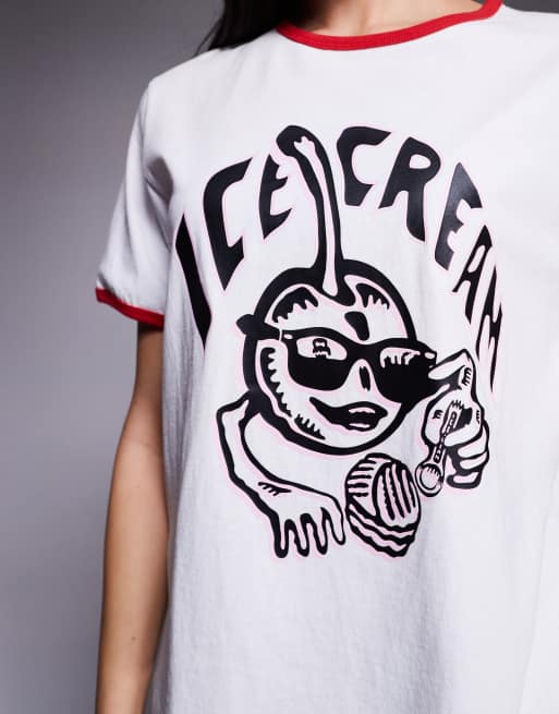 ICECREAM - T-shirt bianca con stampa di ciliegia e bordi a contrasto, 3 di 4
