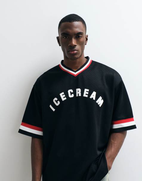 ICECREAM - T-shirt col V style universitaire avec logo imprimé - Noir - view 1