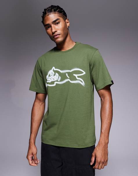 ICECREAM – T-Shirt in Khakigrün mit Spraypaint-Running-Dog-Grafik - view 1