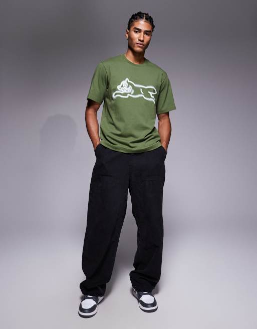 ICECREAM - T-shirt verde kaki con stampa di cane che corre stile graffiti, 2 di 5
