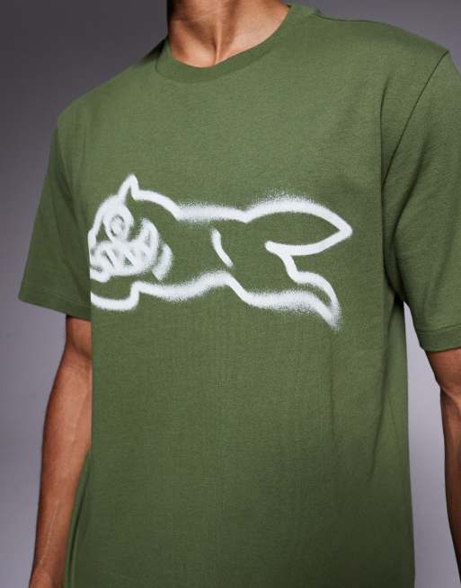 ICECREAM - T-shirt verde kaki con stampa di cane che corre stile graffiti, 5 di 5