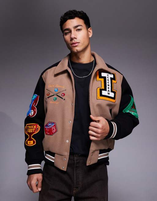 ICECREAM trick shot logo varsity jacket with contrast sleeves in taupe and black, 3 of 5