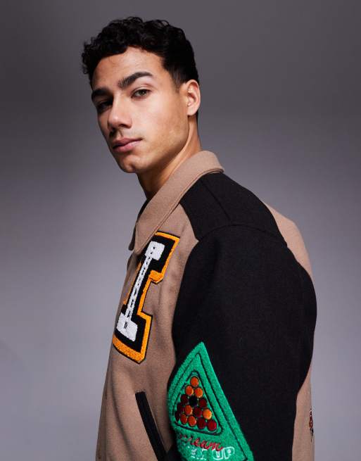 ICECREAM trick shot logo varsity jacket with contrast sleeves in taupe and black, 4 of 5