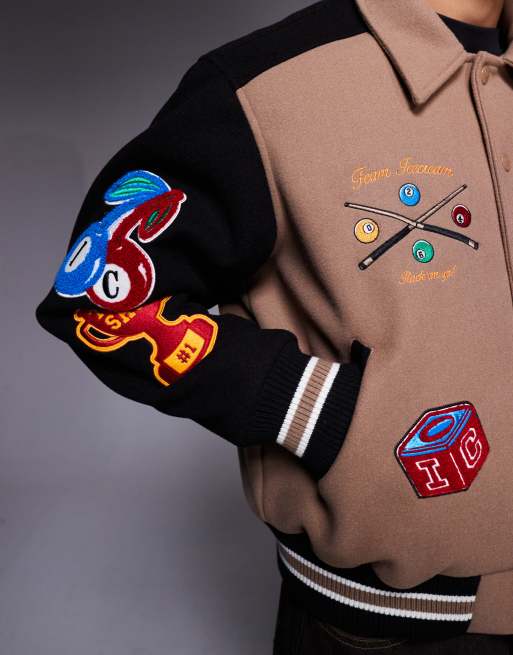 ICECREAM trick shot logo varsity jacket with contrast sleeves in taupe and black, 5 of 5