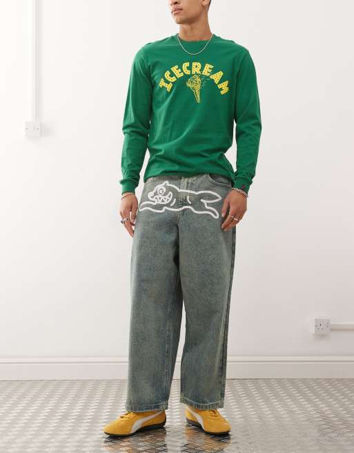 ICECREAM - Triple Scoop - Baggy jeans met rennende hondprint in blauw met vintage wassing