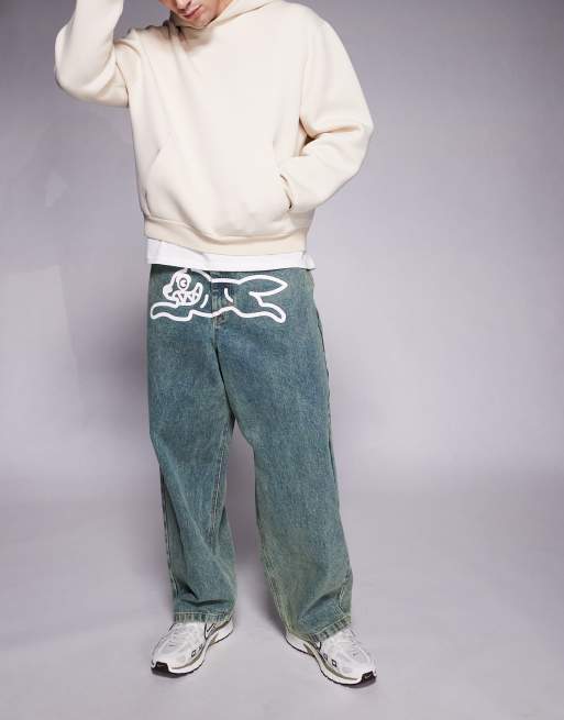 ICECREAM - Triple Scoop - Denim baggy jeans met rennende hondprint in blauw met vintage wassing