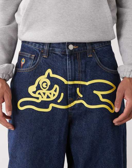 ICECREAM - Jeans ampi lavaggio blu scuro con cane che corre