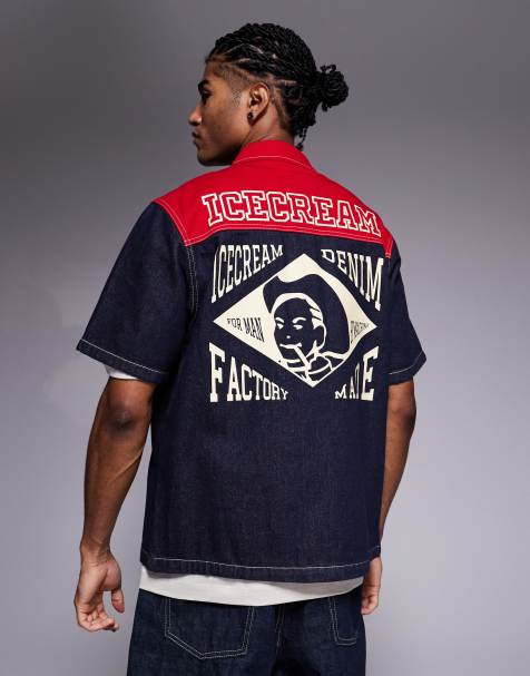 ICECREAM - Utility overhemd met 'Factory Made'-print en korte mouwen in indigo en rood denim - view 1