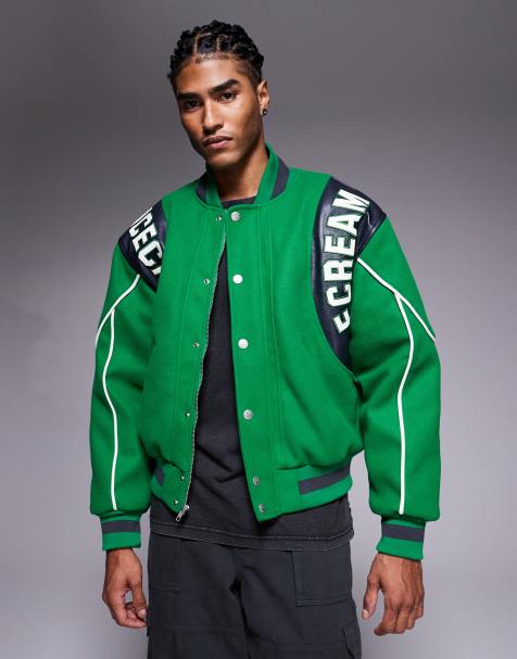 ICECREAM varsity bomber jacket in green with leather panels and logo - view 1