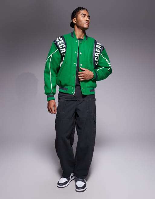 ICECREAM - Varsity bomberjack in groen met leren panelen en logo, 2 van 5